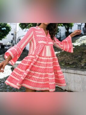 Devotion Twins Ella Short Neon Pink Off White A-Line Tunic Dress M